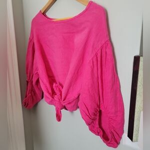 Bellambia Italian Linen Blouse With High-Low Hem And Puffy Sleeves